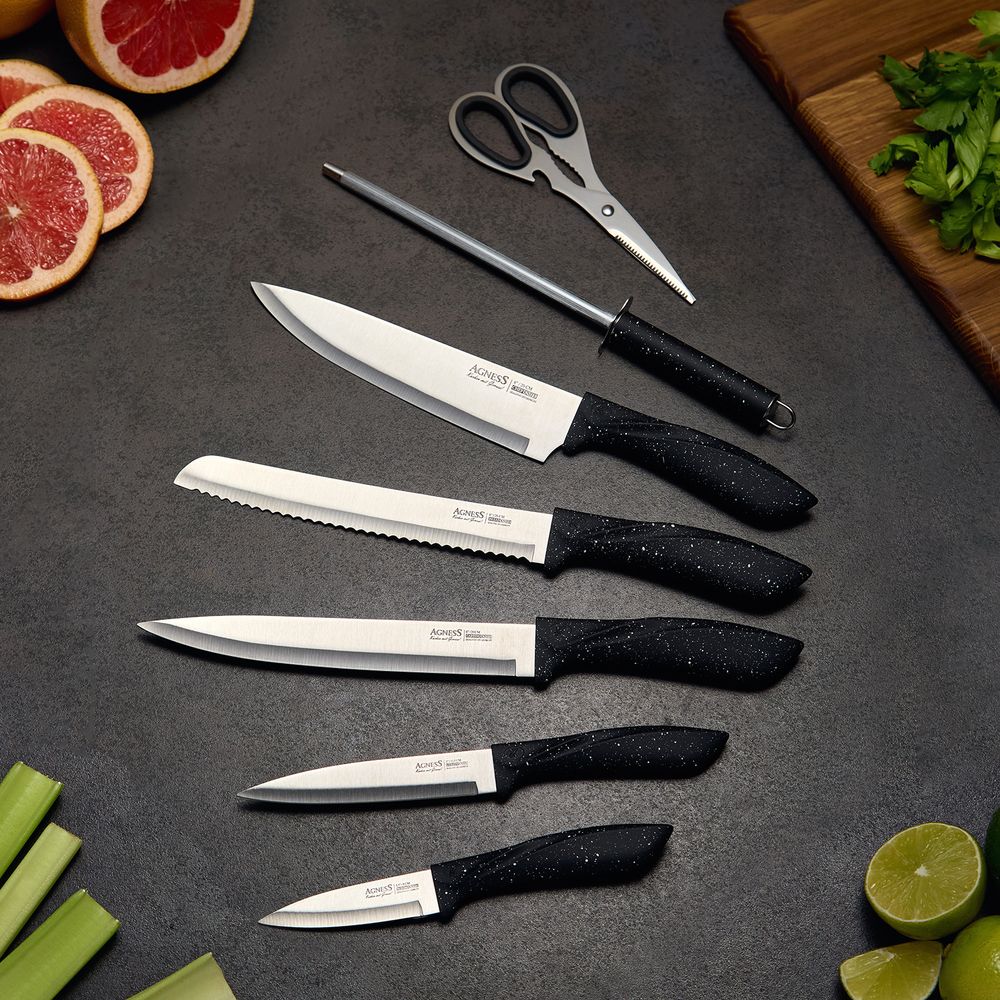 НАБОР НОЖЕЙ AGNESS С НОЖНИЦАМИ И МУСАТОМ НА ПЛАСТИКОВОЙ ПОДСТАВКЕ, 8 ПРЕДМЕТОВ