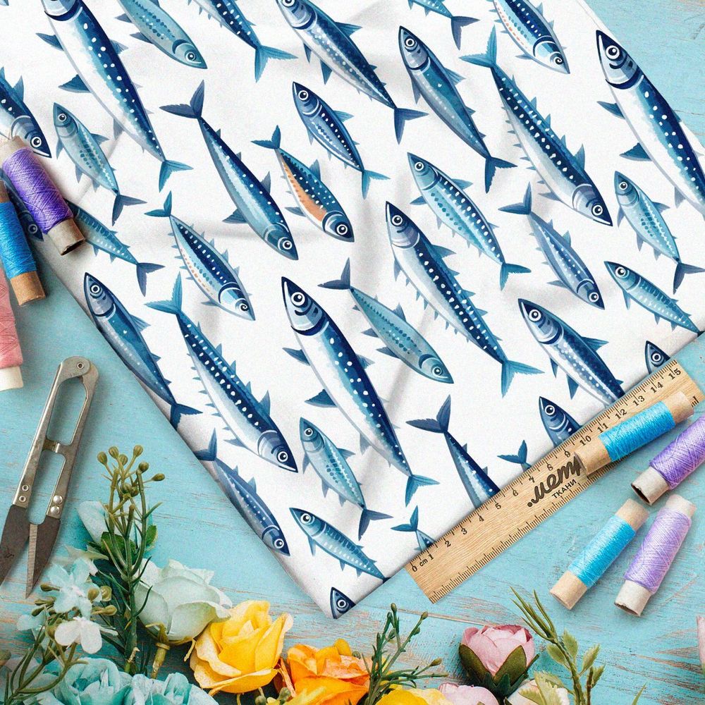 Ткань премиум габардин синие морские рыбы