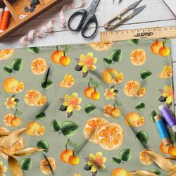 Ткань бифлекс апельсины на зелёном фоне