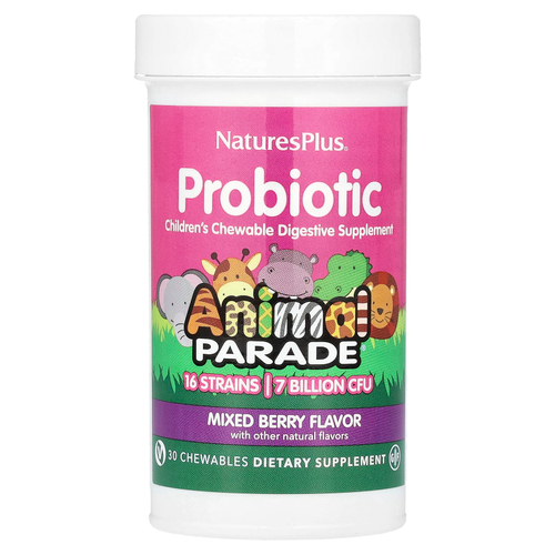 NaturesPlus, пробиотик, детская жевательная добавка для пищеварения, ягодный вкус, 7 млрд КОЕ, 30 жевательных таблеток