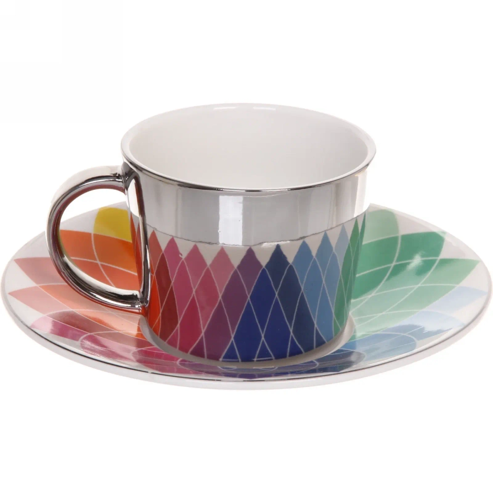 Чайная пара (зеркальная кружка 230мл+блюдце) анаморфный дизайн «Радуга»