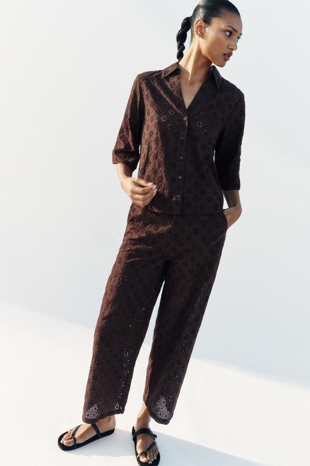 ZARA БРЮКИ-КЮЛОТЫ С АЖУРНОЙ ВЫШИВКОЙ, КОРИЧНЕВЫЙ