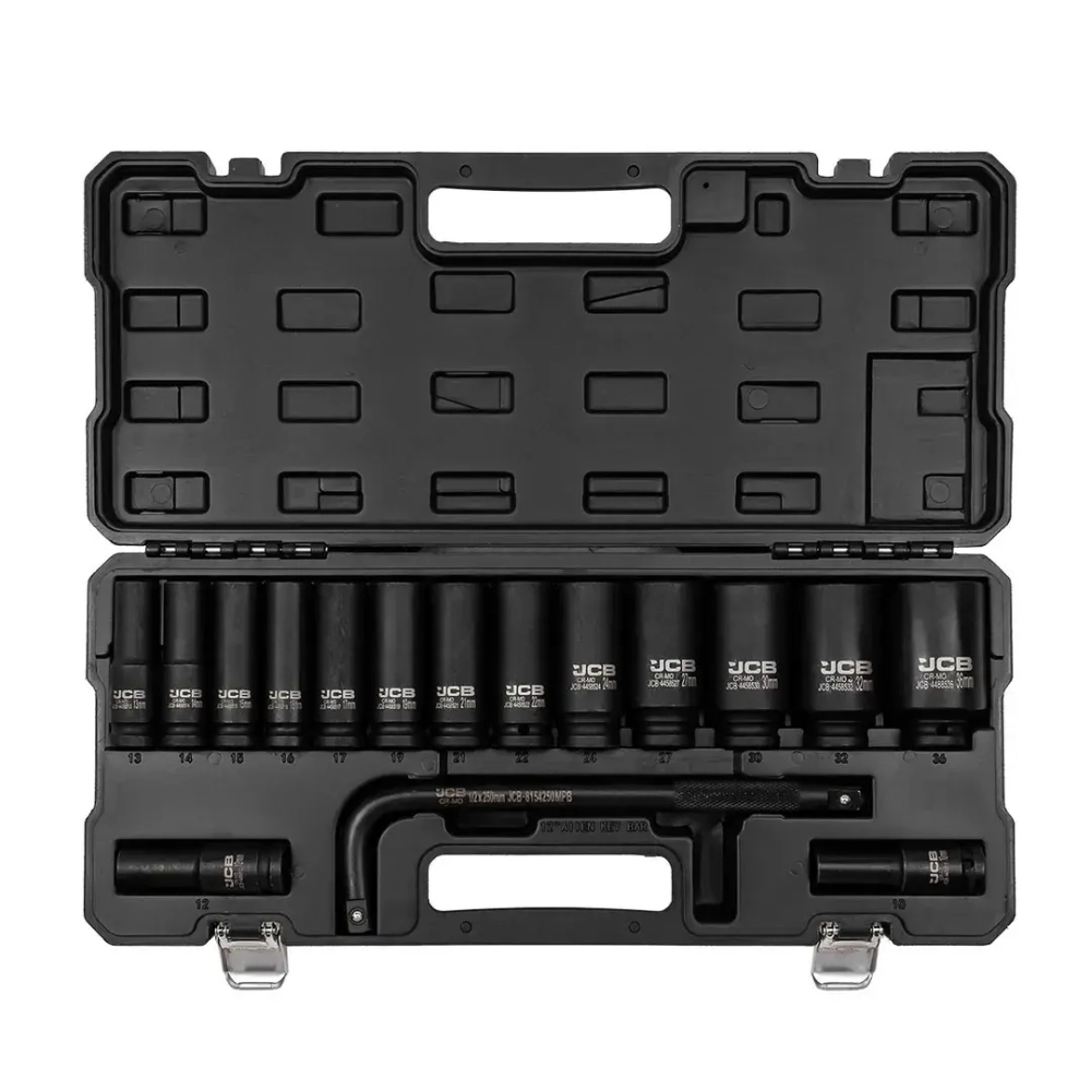 Набор головок ударных глубоких с Г-образным воротком 1/2''16пр.(6-гр)(10,12,13-17,19,21,22,24,27,30,32мм,36мм-12гр),в пласт.кейсе JCB JCB-4166A-5MPB
