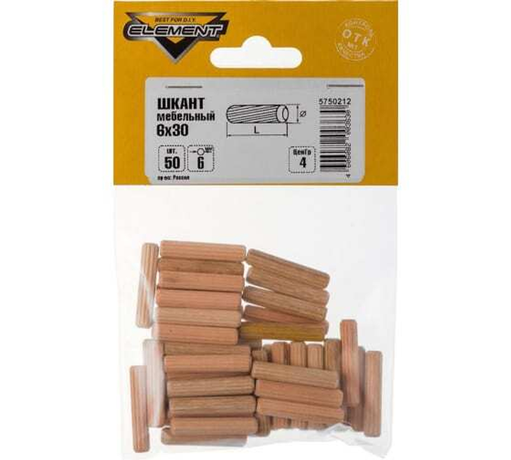 ШКАНТ ELEMENT МЕБЕЛЬНЫЙ 6Х30ММ 50ШТ 021590
