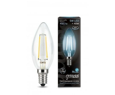Лампа Gauss Filament Свеча E14 5W(450lm) 4100K 4K 97x35 филамент (нитевидная), прозрачная 103801205