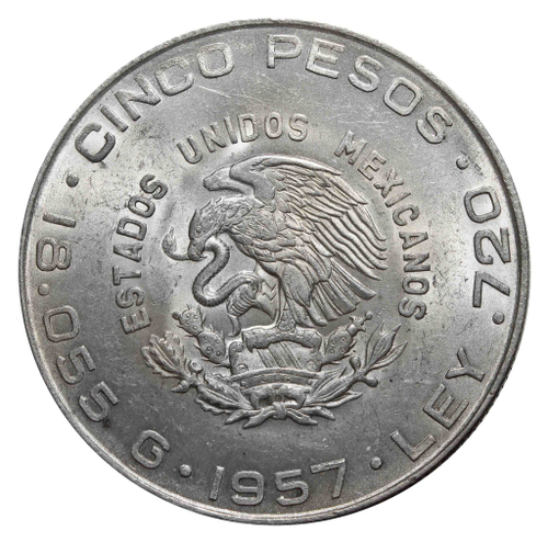 5 песо. Мигель Идальго. Мексика. 1957 год. Серебро. AU