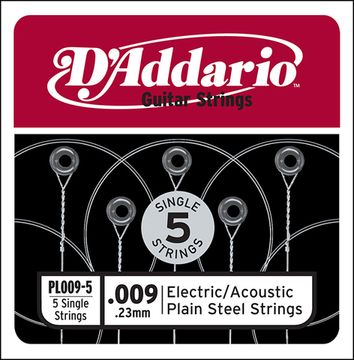 Одиночная струна для акустической и электронитары 5шт 0.009" D`Addario PL009-5