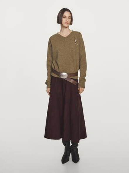 Massimo Dutti Трикотажный свитер с V-образным вырезом, кротово-коричневый