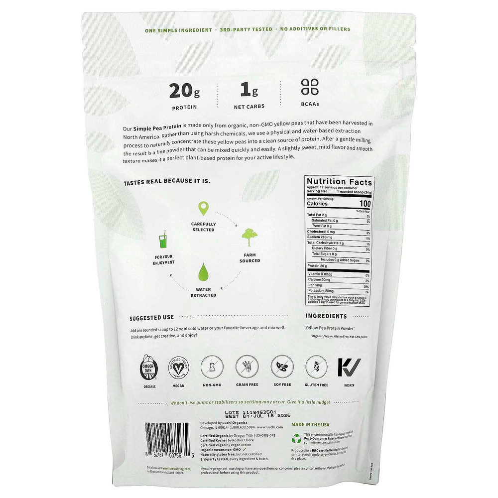 Sprout Living, Simple, органический гороховый протеин, без добавок, 454 г (1 фунт)