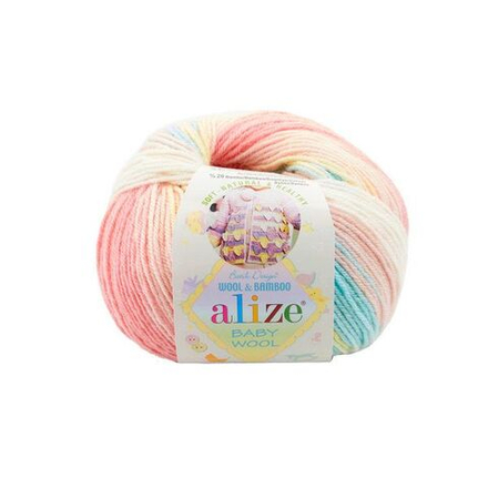 Беби Вул батик (Baby Wool batik) пряжа Alize 40%шерсть 20%бамбук 40%акрил 10х50г/175м 3045 белый-св.желтый-св.бирюза-коралл