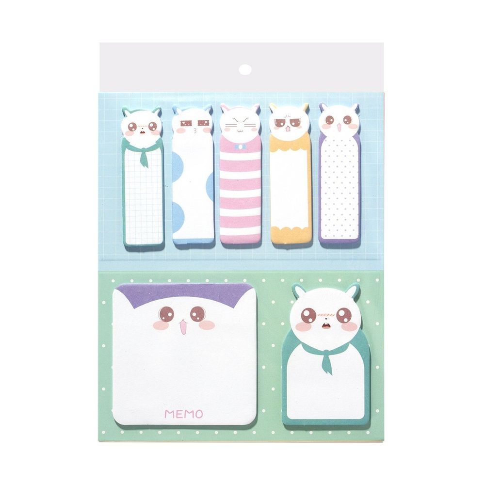 Набор блоков для записей с клеевым краем, Alingar, 5 шт.- 15*60 мм, 1 шт.- 60*60 мм, 1 шт. - 35*60 мм, по 20 л,&quot;Котёнок&quot; (зел-голуб), пакет европодвес