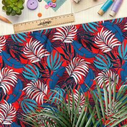 Ткань ниагара тропические листья на красном фоне