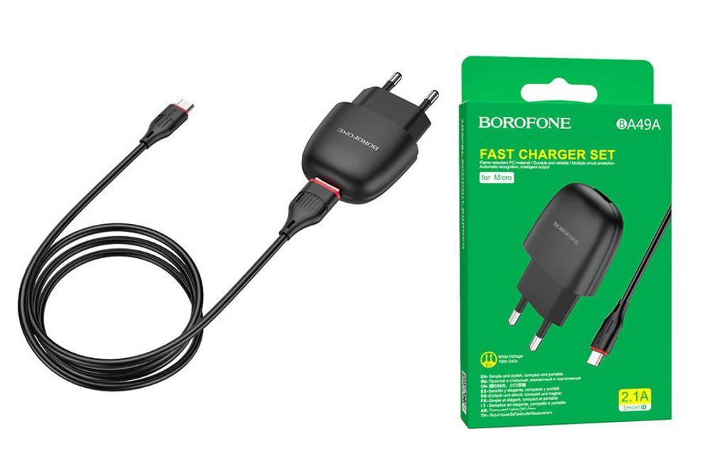 Зарядное сетевое с кабелем MicroUSB 1-метр 2.1А BOROFONE BA49A