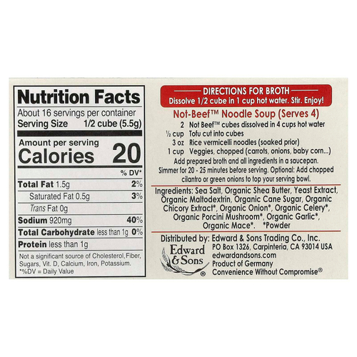 Edward & Sons, Not-Beef™, бульонные кубики, 8 кубиков, 88 г (3,1 унции)