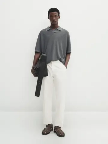 Massimo Dutti Футболка-поло  из хлопка и льна, аквамарин