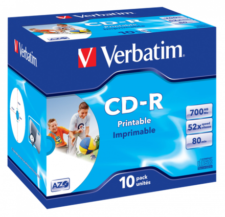 Оптический диск Verbatim CD-R 700MB 52X AZO Wide Inkjet Printable, Slim Case, 10 шт
