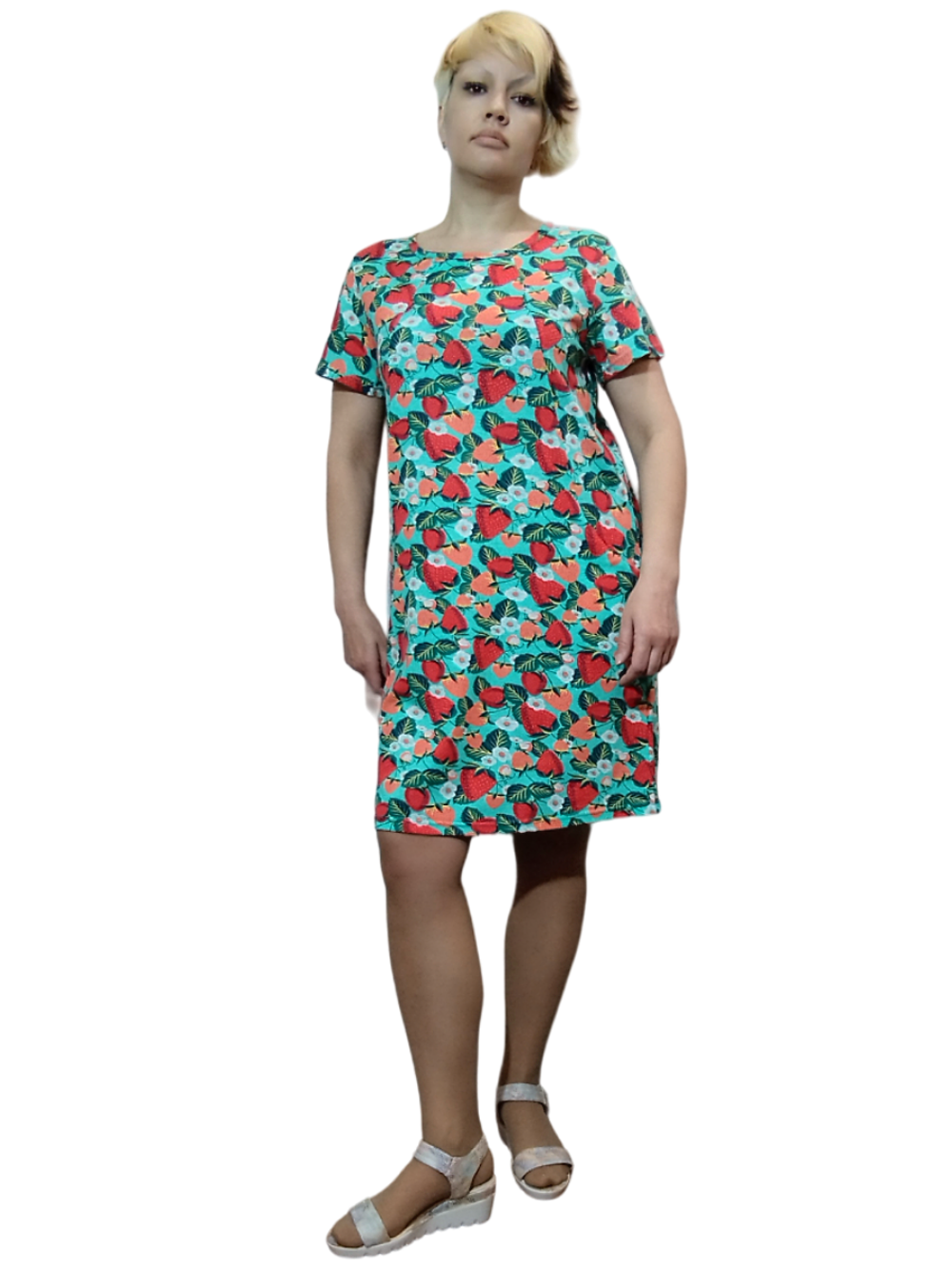 2118 Платье женское, ягоды на бирюзовом  (60)
