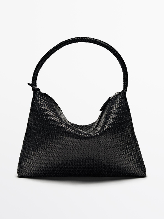 Massimo Dutti Плетеная сумка из кожи наппа с плечевым ремнем, черный