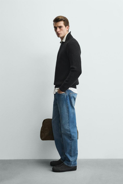 ZARA ДЖЕМПЕР ВЯЗАНЫЙ ЖЕМЧУЖНЫМ УЗОРОМ С ВОРОТНИКОМ НА МОЛНИИ, ЧЕРНЫЙ