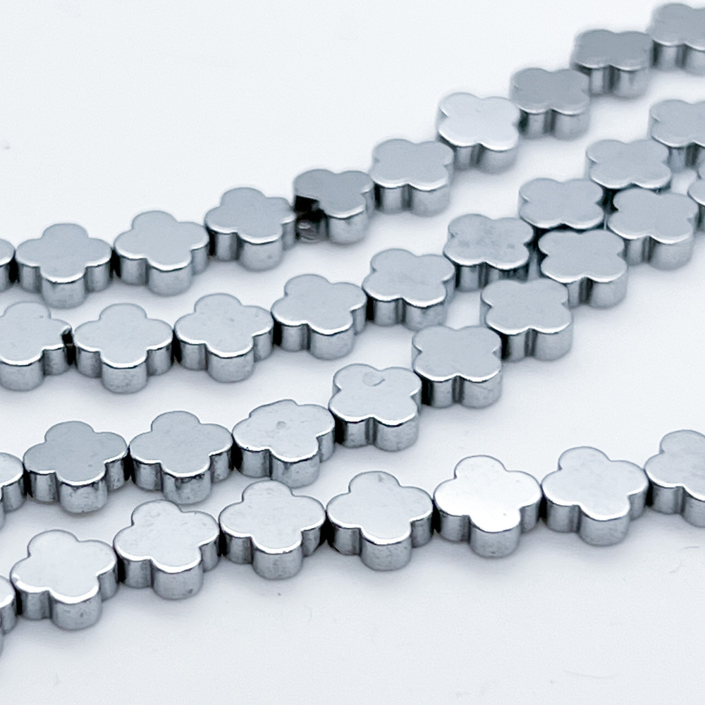 Гематит Клевер бусины (имитация), цвет серебристый, размер около 5,9*6,1 мм, цена за 15 шт (1/4 нити)