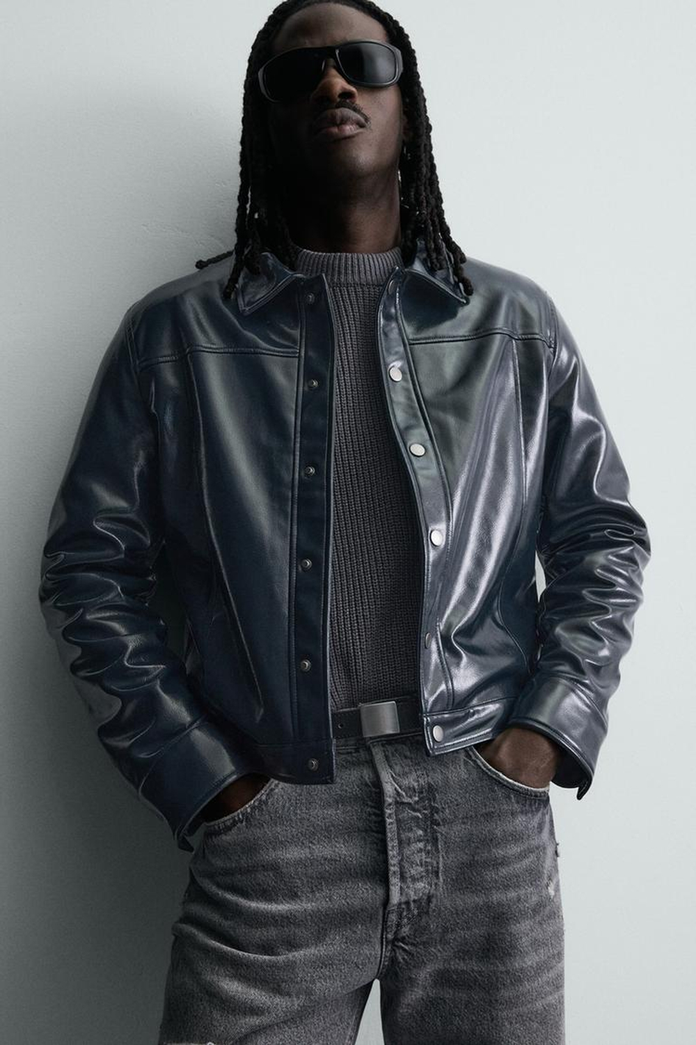 ZARA КУРТКА-РУБАШКА С ЭФФЕКТОМ ВИНИЛА, МОРСКОЙ ТЕМНО-СИНИЙ