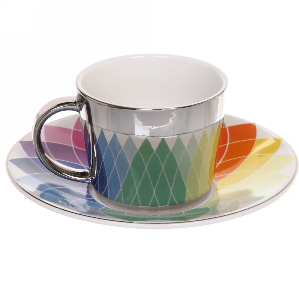 Чайная пара (зеркальная кружка 230мл+блюдце) анаморфный дизайн «Радуга»