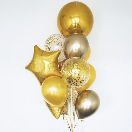 Букет шаров «Золотые Фольгированные Звёзды» с конфетти и шарами хром