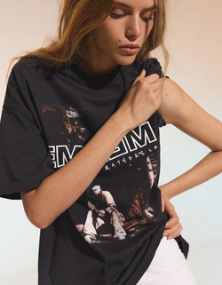 BERSHKA Футболка оверсайз с коротким рукавом и принтом Eminem, серый