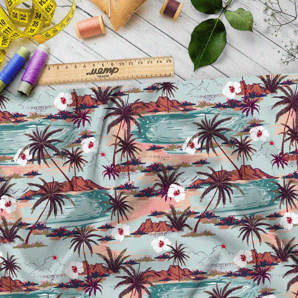 Ткань шелк Армани коричневые пальмы и оазисы с цветами