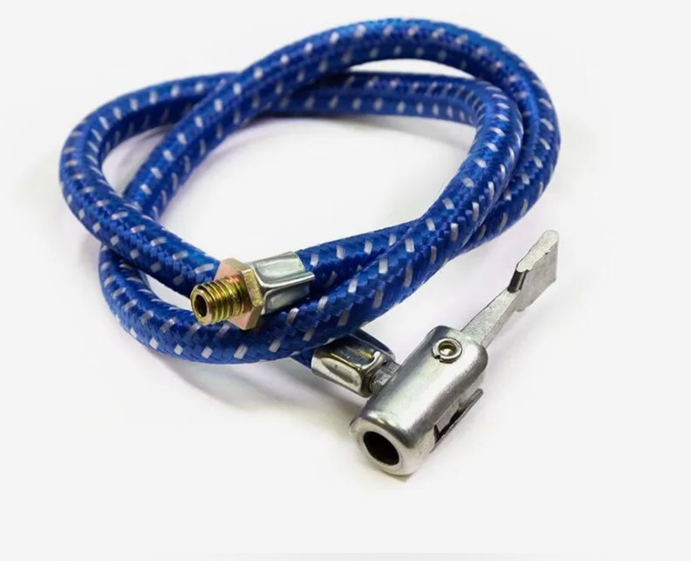 Шланг с зажимом BEE PUMP, для ножного насоса, под AV-ниппель, в тканевой оплётке, резина/пластик/сталь, серебристо-синий (250)