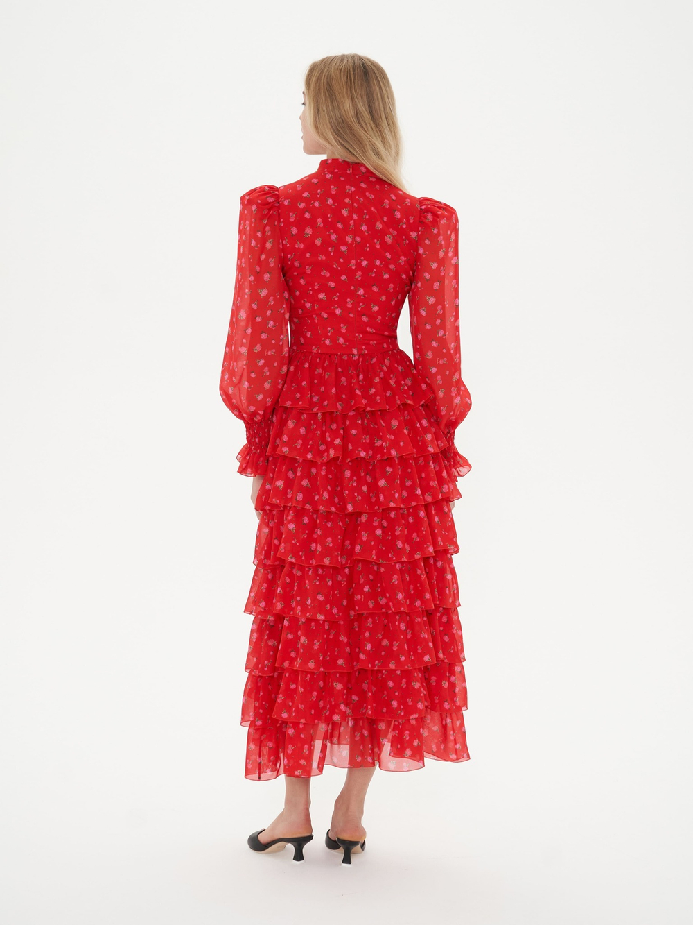 VALERIE MIDI, Платье красное с розовыми цветами