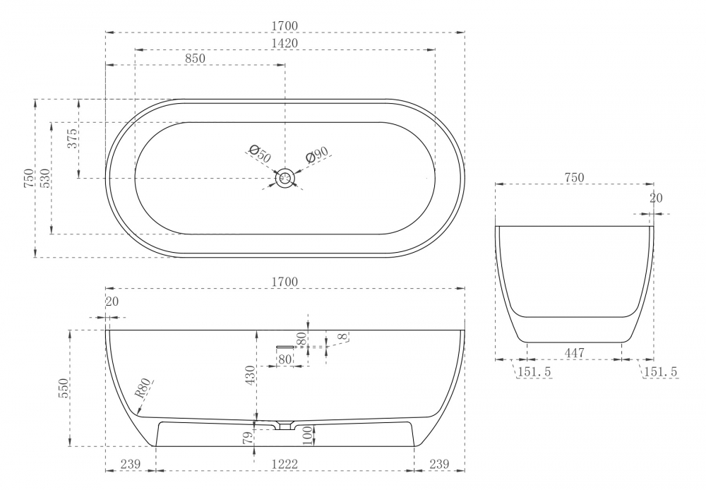 Ванна из искусственного камня ABBER Stein AS9613-1.7 белая матовая  170x75 см