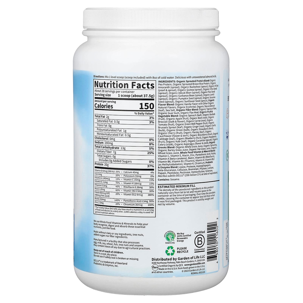 Garden of Life, RAW Organic, коктейль-заменитель еды, ваниль, 1050 г (2 фунта 5,04 унции)