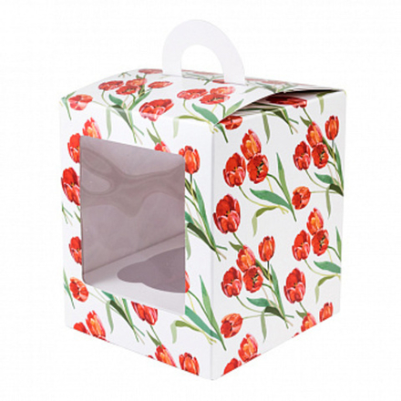Коробка для 1 капкейка "Красные тюльпаны", с окном и ручкой