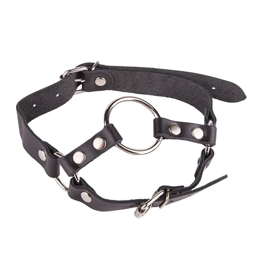 Кляп-кольцо с подбородком на чёрных кожаных ремешках Sitabella BDSM Accessories 3008-1