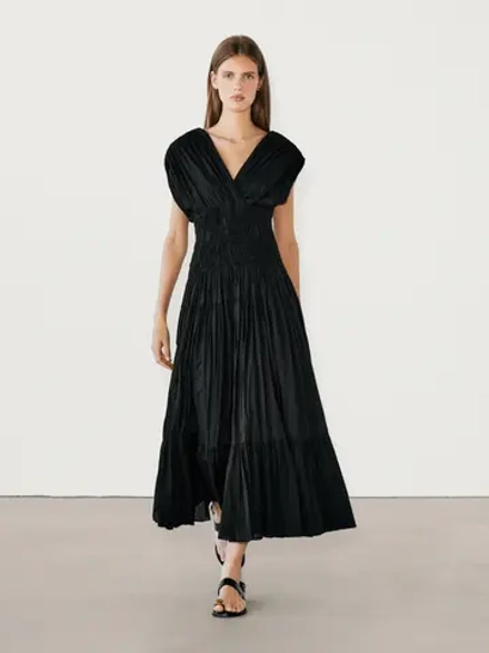 Massimo Dutti Плиссированное платье миди со сборками, черный