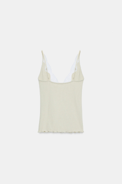 ZARA ТОП В РУБЧИК С КРУЖЕВОМ, СВЕТЛЫЙ ХАКИ