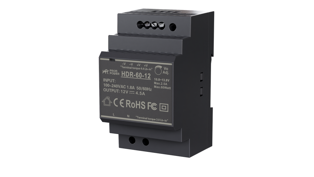 Источник питания PROMPOWER HDR-60-12, на вых. 12 В DC, 4.5А, 54Вт. Вх. 85-264В AC (120-370 В DC)