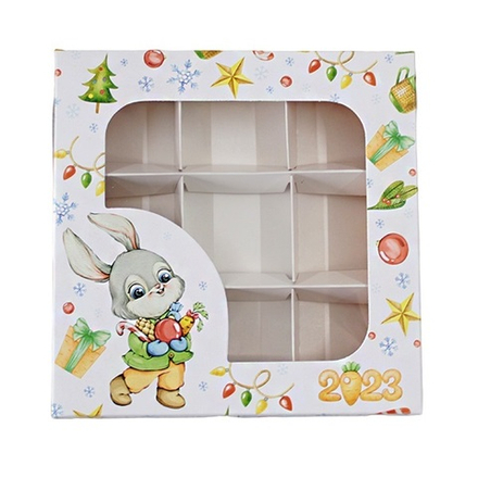 Коробка для конфет 9 шт с окном "Кролик", ячейка 5х5см, 15х15х3 см