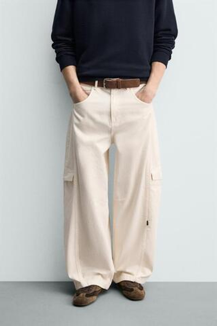 ZARA БРЮКИ КАРГО BAGGY FIT СО ШВАМИ, ЭКРЮ