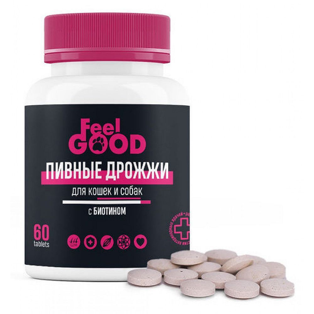 Кормовая добавка для кошек и собак Feel Good Пивные дрожжи с биотином и чесноком, банка 60 таблеток