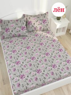 Простынь на резинке Сказка "Хризантемы на льне" 160х200 см , лён