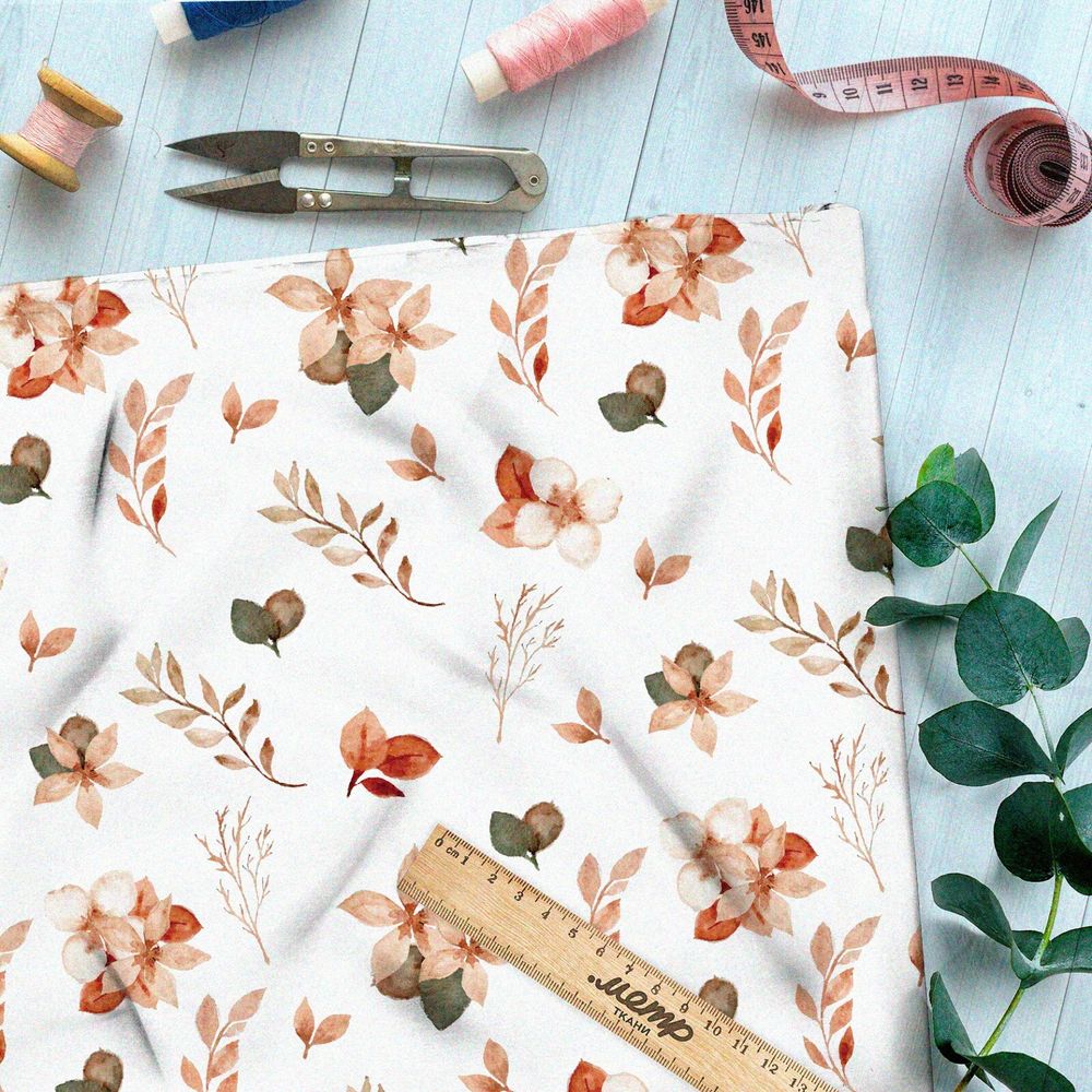 Ткань кулирная гладь акварельные цветы и листья на бежевом фоне