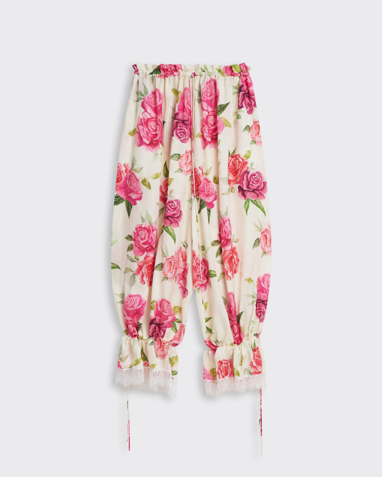 Брюки из вискозы с кружевной лентой розы молочный