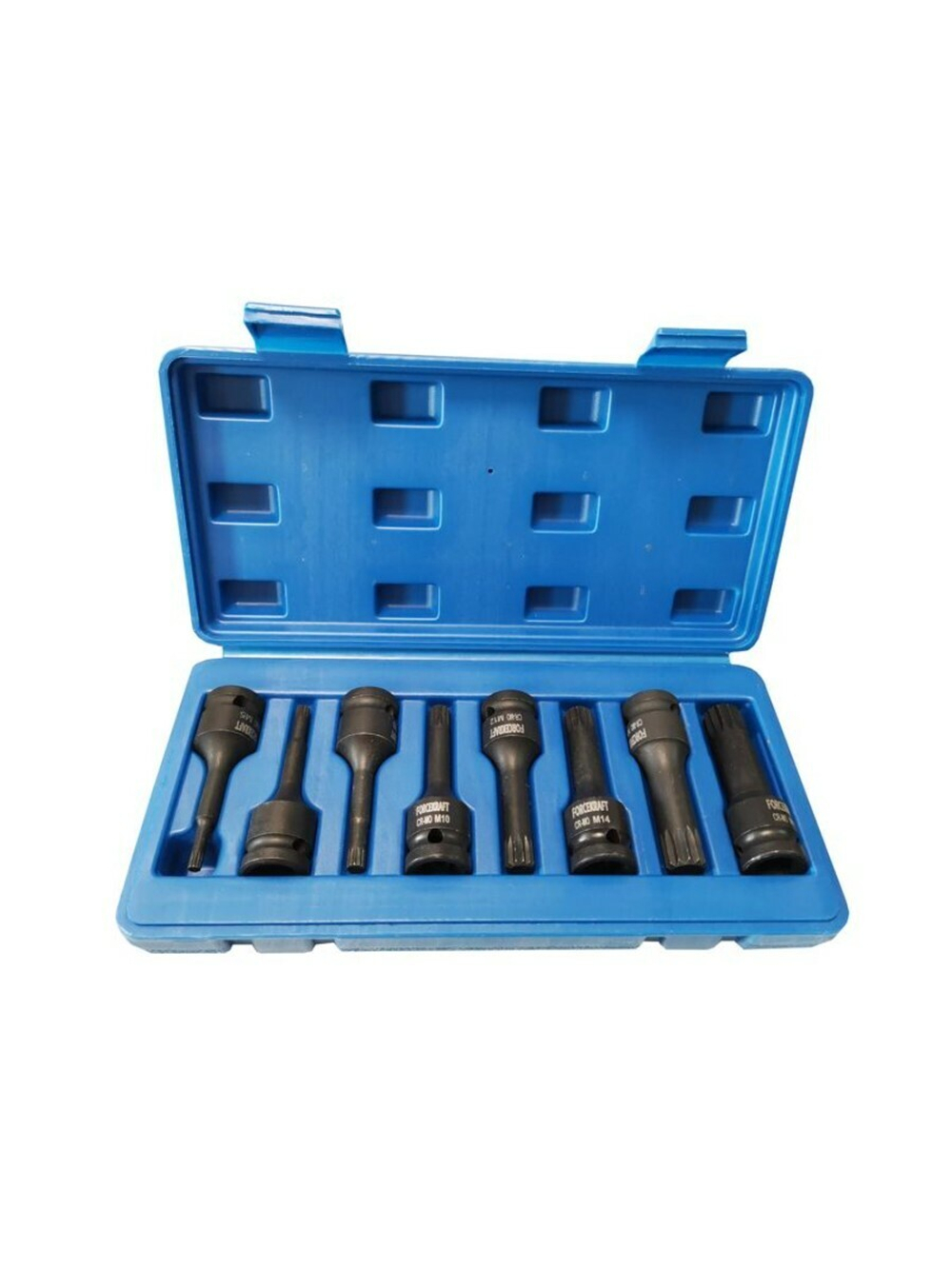 Набор головок-бит SPLINE ударных 8пр.,1/2''(M5, M6, M8, M10, M12, M14, M16, M18), в кейсе FORCEKRAFT FK-40811MPB