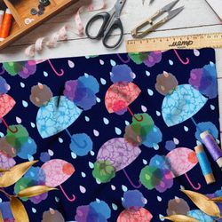 Ткань оксфорд 600 разноцветные зонтики на тёмно-синем фоне