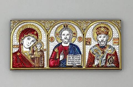 Спаситель, Казанская БМ, Николай Чудотворец, триптих, эмаль, 34х77