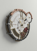 Настенные часы WOODandROOT Automaton 1789 Hermitage с открытым механизмом и вращающимися шестерёнками на светлой стене