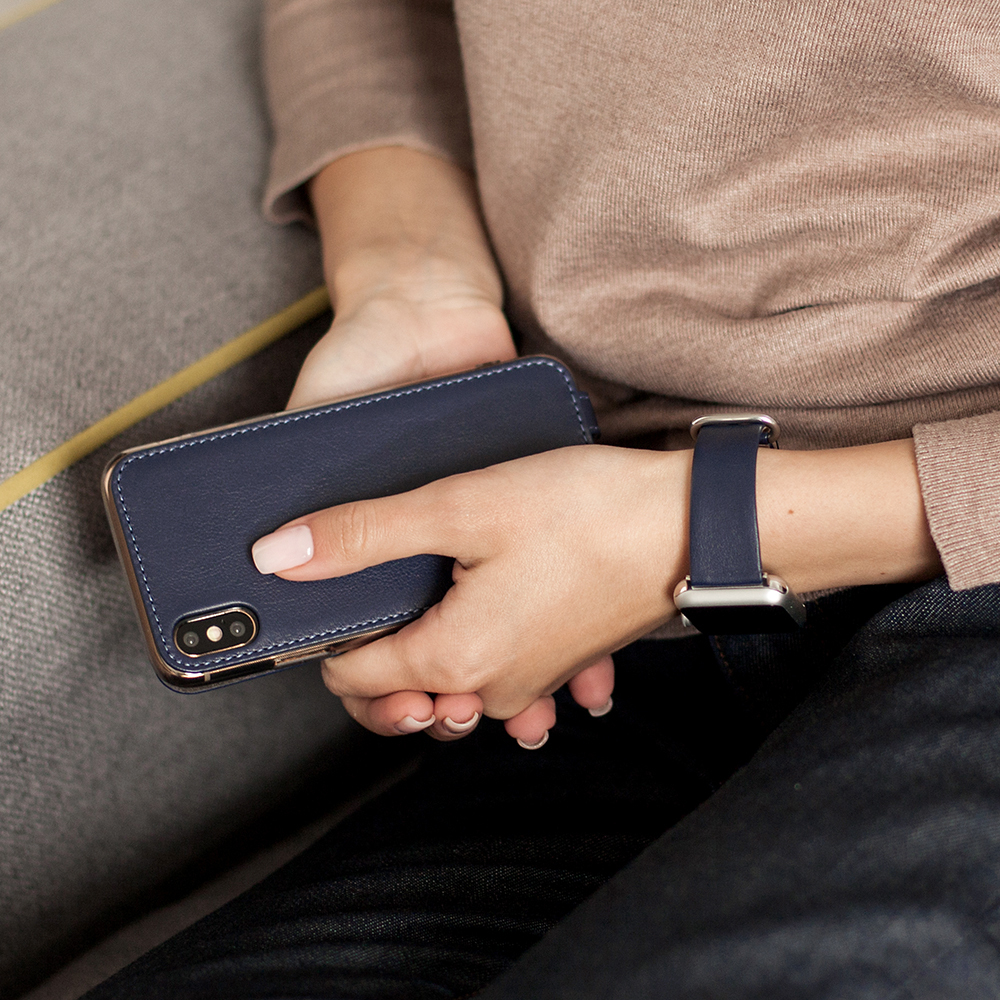 Чехол для iPhone X/XS из натуральной кожи теленка, синего цвета