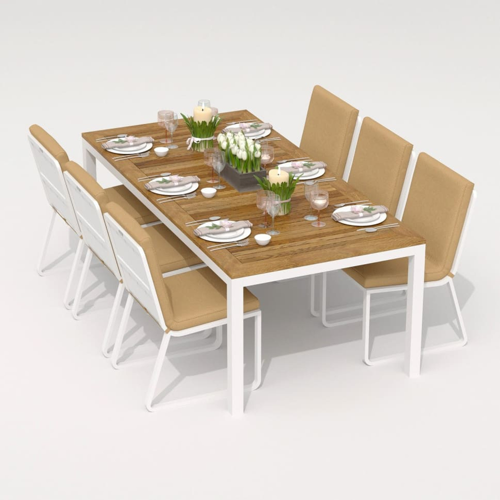 Обеденная группа Ideal Patio ТЕЛЛА  ГИРА  каркас белый, стол тик 200, ткань бежевая